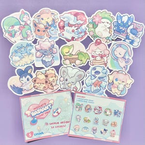 May include: A collection of colorful, die-cut stickers featuring various cartoon characters, with a "Mystery Radiant Sticker Pack" box. The box reads "15 unique designs to collect!" and "Series 2". The stickers are on a purple background.
