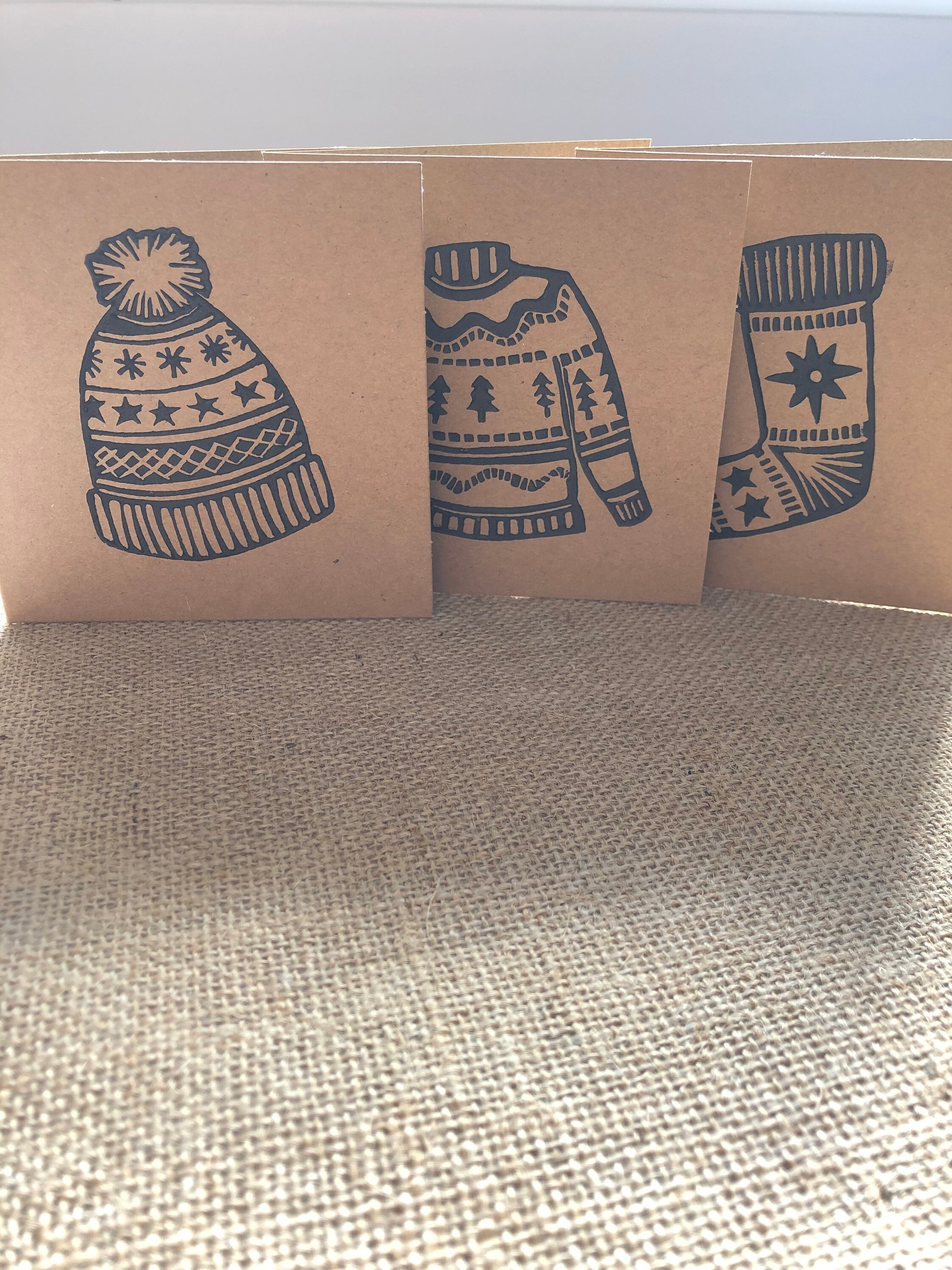 cosy-christmas-trio-of-lino-print-christmas-cards-brown-etsy