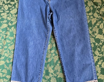 Vintage Ann Taylor Petites Denim Jeans: Blue Cotton w Crochet Trim, Size 14P