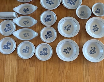 Vintage Pfaltzgraff Yorktowne Stoneware Dishes, Blue Floral Pattern Pieces