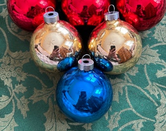 Vintage Rauch 3"Holiday Christmas Glass Ornaments - Lot 0f 6 ~  3-Red,  2-Gold,  1-Blue !