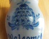 Wisconsin Rowe Pottery Works Crock Vase Spoon Utensil Holder with Pineapple Welcome Design Measures 6 7 8 quot Tall Beautiful