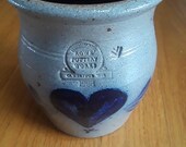 Wisconsin Rowe Pottery Works 1988 Small Crock Vase Holder with Blue Heart Design Measures 4 3 4 quot Tall Beautiful