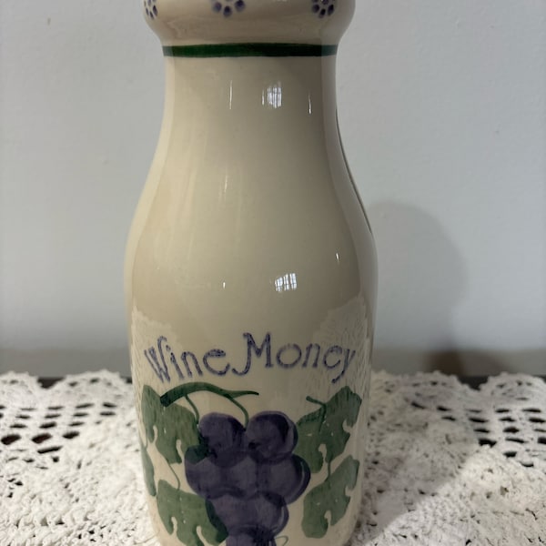Vintage Santa Ana California Crock Shop Wine Money Coin Bank Milk Bottle Folk Art Grapes and Ivy Jar ~ 9” Tall ~ Cork Top ~ Beautiful!