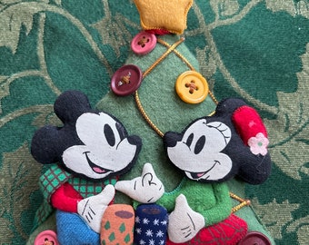 Vintage Disney Fabric, Felt & Button Mickey and Minnie Christmas Tree Ornament ~ Measures 5.5" High x 4.25" Wide ~ Plush and Adorable!