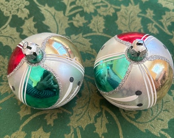 Vintage Glitter Sparkly Multicolor Whimsical Unique Design Glass Holiday Decor Christmas Tree Ornament Large Balls  ~ Lot of 2 ~ Striking!