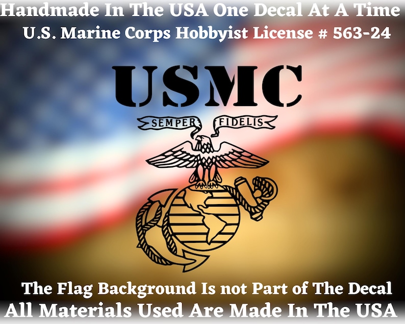 May include: Black USMC decal featuring the eagle, globe, and anchor emblem, with the text "USMC" and "Semper Fidelis." The decal is handmade in the USA. The background is a blurred American flag.