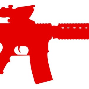May include: A red silhouette of a rifle, with a scope, magazine, and stock. The weapon's design includes a barrel, handguard, and a pistol grip. The image is a solid red colour against a white background.