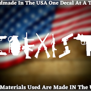 May include: White vinyl decal with the word "COEXIST" spelled out using images of guns, a grenade, and a knife. The decal is on a blurred background of an American flag.