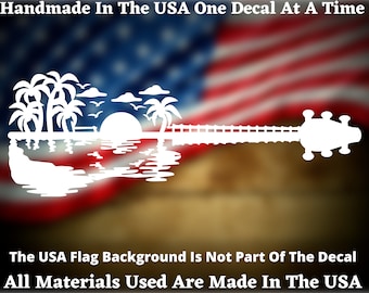 Guitar Sunset Summertime Sun Ocean & Palm Trees Vinyl Decal For Car Truck Van Window or Bumper Sticker Made In America