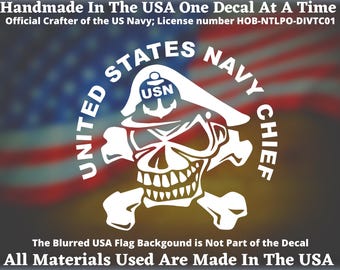 United States Navy Chief Skull & Crossbones Vinyl Decal For Car Truck Van Window or Bumper Sticker, Navy Gift Handmade In America