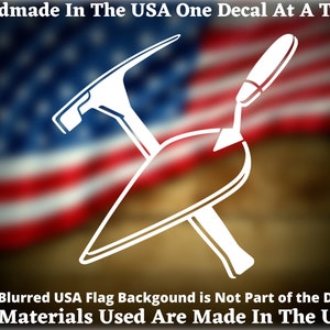 Bricklayer Masonry Trowel and Masonry Hammer Vinyl Decal Window Decal or Bumper Sticker Hand Made In America