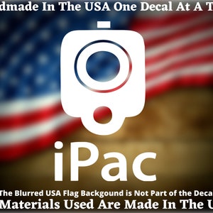 May include: White decal of a gun silhouette with the text "iPac" below it. The decal is on a blurred background of an American flag.