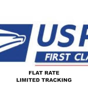 May include: The image displays the USPS logo, a blue eagle emblem, and the letters USPS in blue. Beneath, a blue rectangle reads "FIRST CLASS" in white. Below are the words "FLAT RATE" and "LIMITED TRACKING".