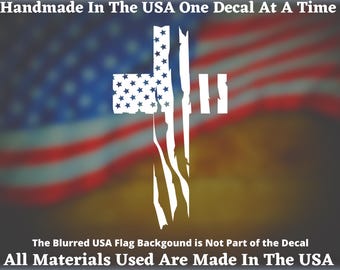 Tattered American Flag Cross Vinyl Decal/Sticker For Car Truck Van Window or Bumper Sticker USA Seller Made In America