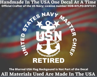 United States Navy Master Chief Retired Vinyl Decal For Car Truck Van Window or Bumper Sticker, Navy Gift Handmade In America
