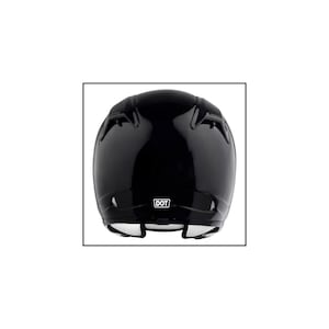 May include: Black motorcycle helmet with a glossy finish and a white DOT sticker on the back.