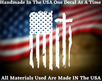 Distressed American Flag With Cross Decal For Car Truck Van Window or Bumper Sticker Vinyl Decal USA Seller Made In America