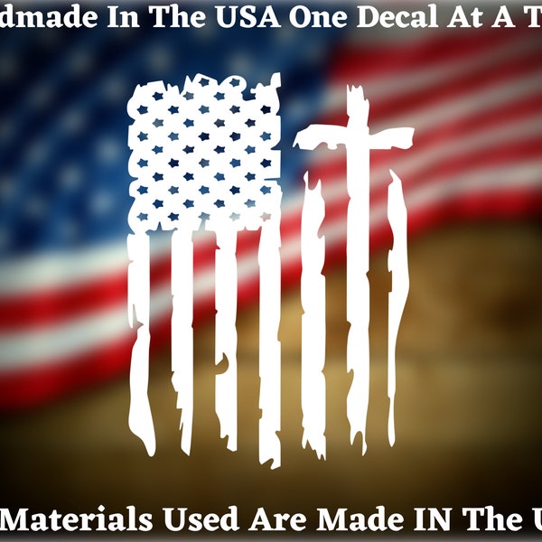 Distressed American Flag With Cross Decal For Car Truck Van Window or Bumper Sticker Vinyl Decal USA Seller Made In America
