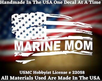 Marine Mom Distressed American Flag Decal For Car Truck Van Window or Bumper Sticker, Made In America