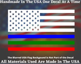 Thin Blue Green And Red Line American Flag #2 Vinyl Decal with Military, Fire, and Police Thin Lines