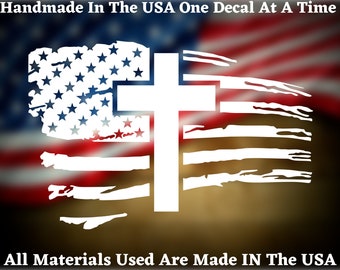 American Flag & Cross Car Truck Van Window or Bumper Sticker Vinyl Decal USA Seller Made In America