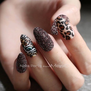 24pcs Matte Tiger Glitter Coffe Fake Nails Coffin Nails Etsy