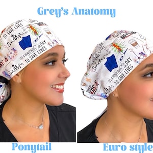 Ponytail & Euro Anatomy Scrub Caps for Women, Optional Satin Lining, Medical Nurse Scrub Hats, Grey's Anatomy Hat, Sunshine Caps Co.