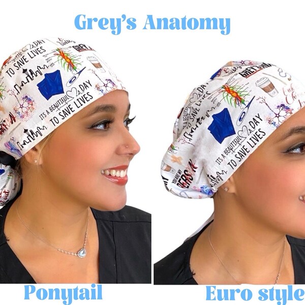 Bonnets Euro Anatomy pour femmes avec queue de cheval, doublure en satin en option, bonnets pour infirmières, bonnet Grey's Anatomy, Sunshine Caps Co.