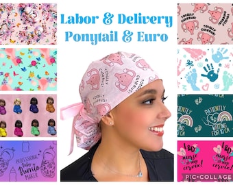 Labor and Delivery Ponytail Scrub Caps for Women, OBGYN Surgical Scrub Hat for Long Hair, Midwife, L&D Nurse, Satin Lining Optional.