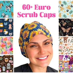 Euro Scrub Caps, Surgical Scrub Hats, Optional Satin Lining and Buttons, 100% Cotton, European Scrub Cap w/ Toggle, Sunshine Caps Co.