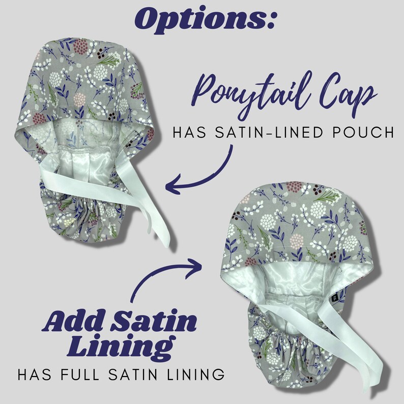 Puede incluir: Gorra de cola de caballo con estampado floral gris con forro y lazos de sat&eacute;n blanco. La imagen muestra dos opciones: una con una bolsa forrada de sat&eacute;n y otra con forro completo de sat&eacute;n. El texto en la imagen dice "Options: Ponytail Cap HAS SATIN-LINED POUCH Add Satin Lining HAS FULL SATIN LINING."