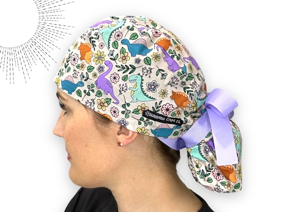 Dinosaur Floral Ponytail Scrub Cap for Long Hair, Optional Satin Lining. Dino Surgical Scrub Hat for Women, Scrub Cap with ponytail pouch