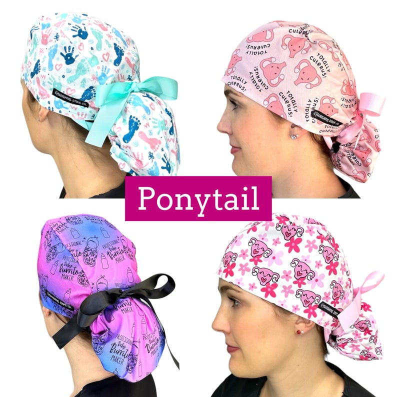 Puede incluir: Cuatro gorros de quir&oacute;fano con cola de caballo con varios dise&ntilde;os. Uno tiene huellas de manos y pies, otro ilustraciones de &uacute;teros, un tercero gr&aacute;ficos de burrito para beb&eacute;s y el &uacute;ltimo dise&ntilde;os de &uacute;teros y flores. Cada gorro tiene una cinta a juego.