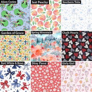 K&ouml;nnte beinhalten: Ein Raster aus neun Stoffmustern mit verschiedenen Designs: gr&uuml;ne Au&szlig;erirdische mit Schleifen, Pfirsiche, blaue Cowboystiefel, florale Kreuze, Berglandschaften, Kreideherzen, rote und blaue Schleifen, wei&szlig;e G&auml;nsebl&uuml;mchen und rosa Becher mit Schleifen.