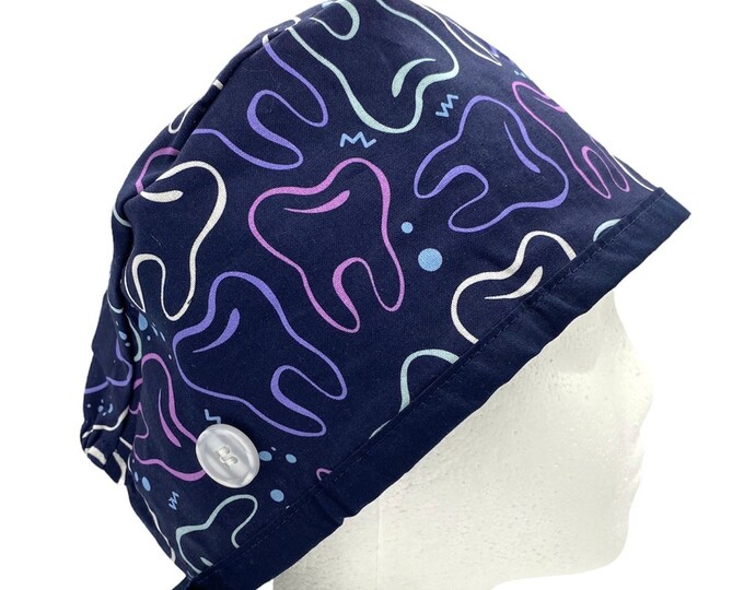 Tooth Doodles Scrub Cap. Optional Buttons and Satin Lining. Unisex