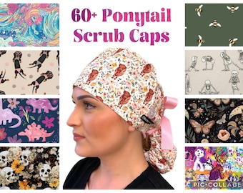 Ponytail Scrub Caps for Women, Surgical Scrub Hat for Long Hair, Satin Lining Option. Ponytail Scrub Cap, Nurse Hats by Sunshine Caps Co.