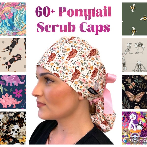 Ponytail Scrub Caps for Women, Surgical Scrub Hat for Long Hair, Satin Lining Option. Ponytail Scrub Cap, Nurse Hats by Sunshine Caps Co.