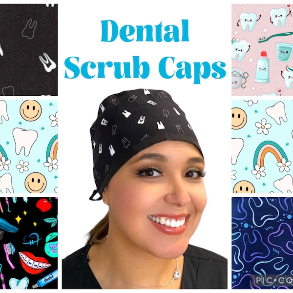 Dental Tooth Scrub Caps. Optional Satin Lining, Unisex Surgical Hats for Hygienist, Dentist, Dental Assistant, 100% Cotton. Sunshine Caps Co