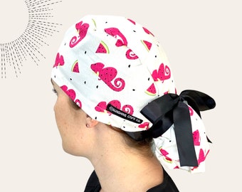 Chameleon Watermelon Ponytail Scrub Cap for Long Hair, Optional Satin Lining. Summer Fruit Surgical Nurse Scrub Hat for Women.