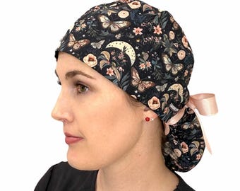 Moon Garden Ponytail Scrub Cap: Butterfly Floral Nurse Hat (Satin Lining Optional)