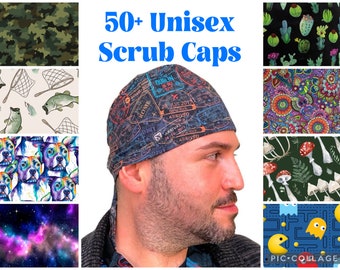 Surgical Scrub Caps for Men and Women, Tie Back Scrub Hats, Optional Satin Lining & Buttons. Unisex Skull Caps, Sunshine Caps Co.