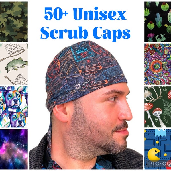 Surgical Scrub Caps for Men and Women, Tie Back Scrub Hats, Optional Satin Lining & Buttons. Unisex Skull Caps, Sunshine Caps Co.