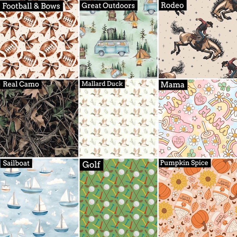 K&ouml;nnte beinhalten: Ein Raster aus neun Stoffmustern mit verschiedenen Designs: Fu&szlig;b&auml;lle und Schleifen, eine Campingszene mit einem Van, ein Rodeo-Cowboy, Tarnbl&auml;tter, Stockenten, ein Retro-'Mama'-Druck, Segelboote, Golfschl&auml;ger und B&auml;lle sowie K&uuml;rbisgew&uuml;rz-Artikel.