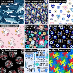 K&ouml;nnte beinhalten: Eine Collage aus neun Stoffmustern mit verschiedenen Designs, darunter wei&szlig;e Haie, Aquarell-Pitbulls, blaue b&ouml;se Blicke und Herzen, G&auml;nse mit medizinischen Kits, Horrorfilmfiguren mit Blumen, schwarze b&ouml;se Blicke, Totenk&ouml;pfe, An&auml;sthesie-Text und bunte Puzzleteile.
