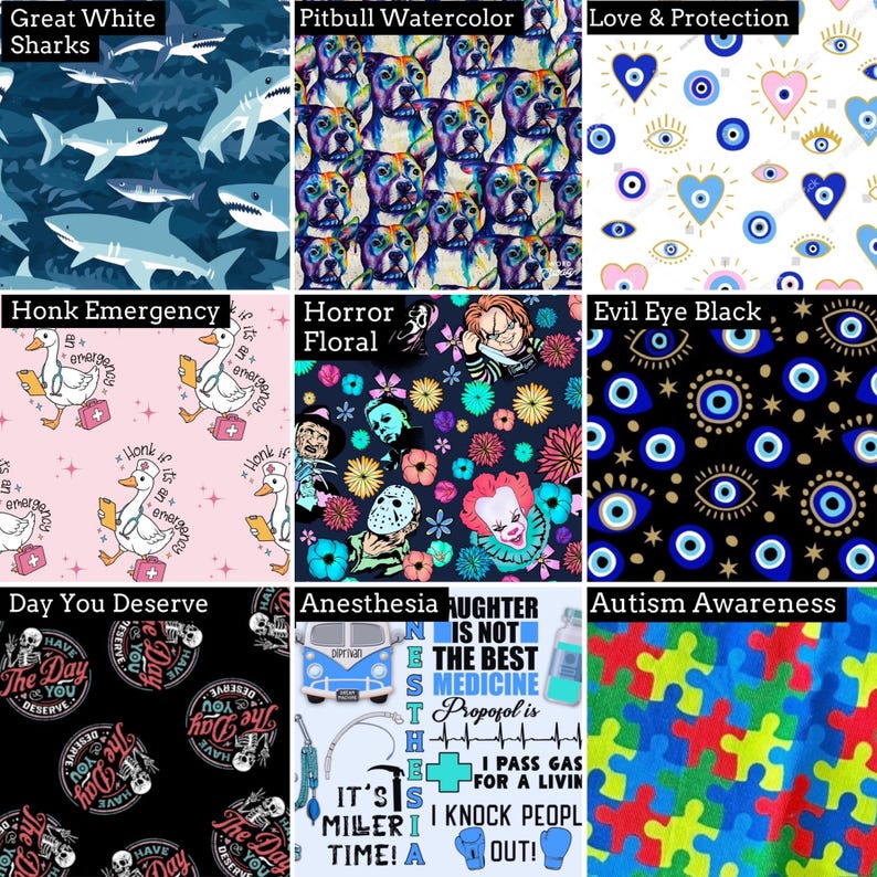 K&ouml;nnte beinhalten: Eine Collage aus neun Stoffmustern mit verschiedenen Designs, darunter wei&szlig;e Haie, Aquarell-Pitbulls, blaue b&ouml;se Blicke und Herzen, G&auml;nse mit medizinischen Kits, Horrorfilmfiguren mit Blumen, schwarze b&ouml;se Blicke, Totenk&ouml;pfe, An&auml;sthesie-Text und bunte Puzzleteile.