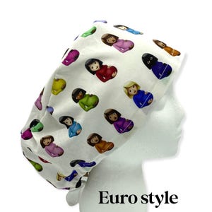 May include: White surgical scrub cap with a repeating pattern of pregnant woman emojis in various colors. The text "Euro style" is printed at the bottom of the image. The cap is designed to cover the hair during medical procedures.