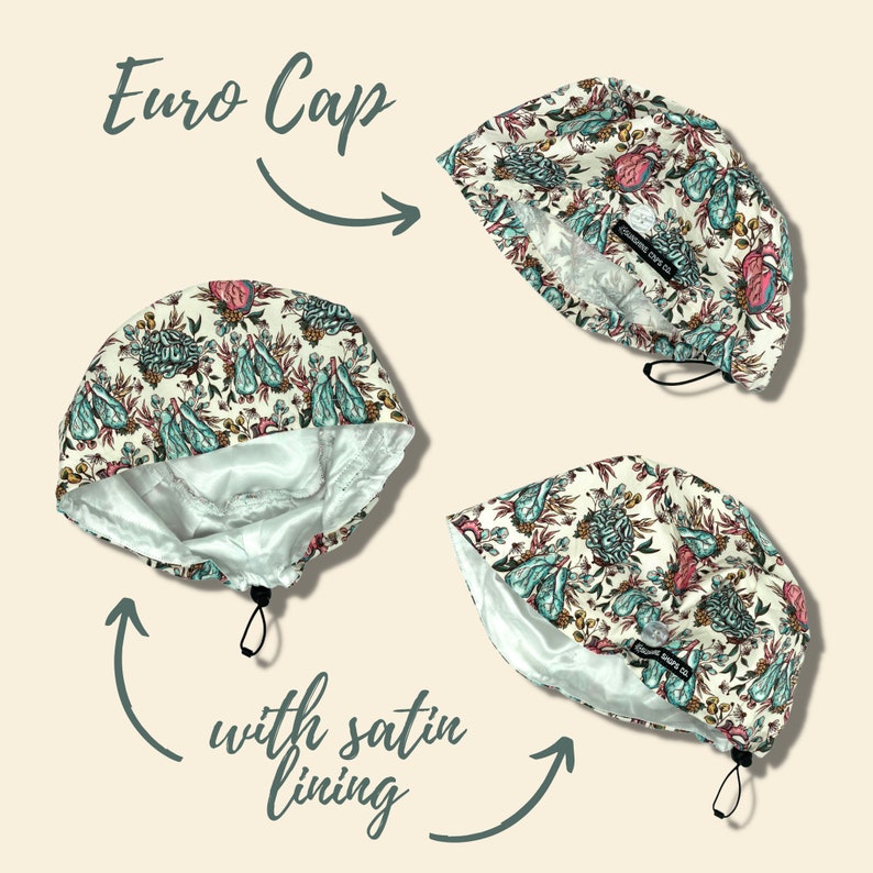 May include: Euro cap with a floral pattern in teal, pink, and cream. The cap has a satin lining and a drawstring closure. The text "Euro Cap" is above the cap, and "with satin lining" is below.