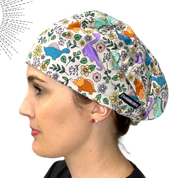 Euro Dinosaur Floral Scrub Cap, Optional Satin Lining, Dino Surgical Scrub Hat for Women, European Scrub Cap with Cordlock, Sunshine Caps Co