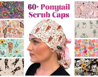 Ponytail Scrub Caps for Women, Surgical Scrub Hat for Long Hair, Satin Lining Option. Ponytail Scrub Cap, Nurse Hats by Sunshine Caps Co.